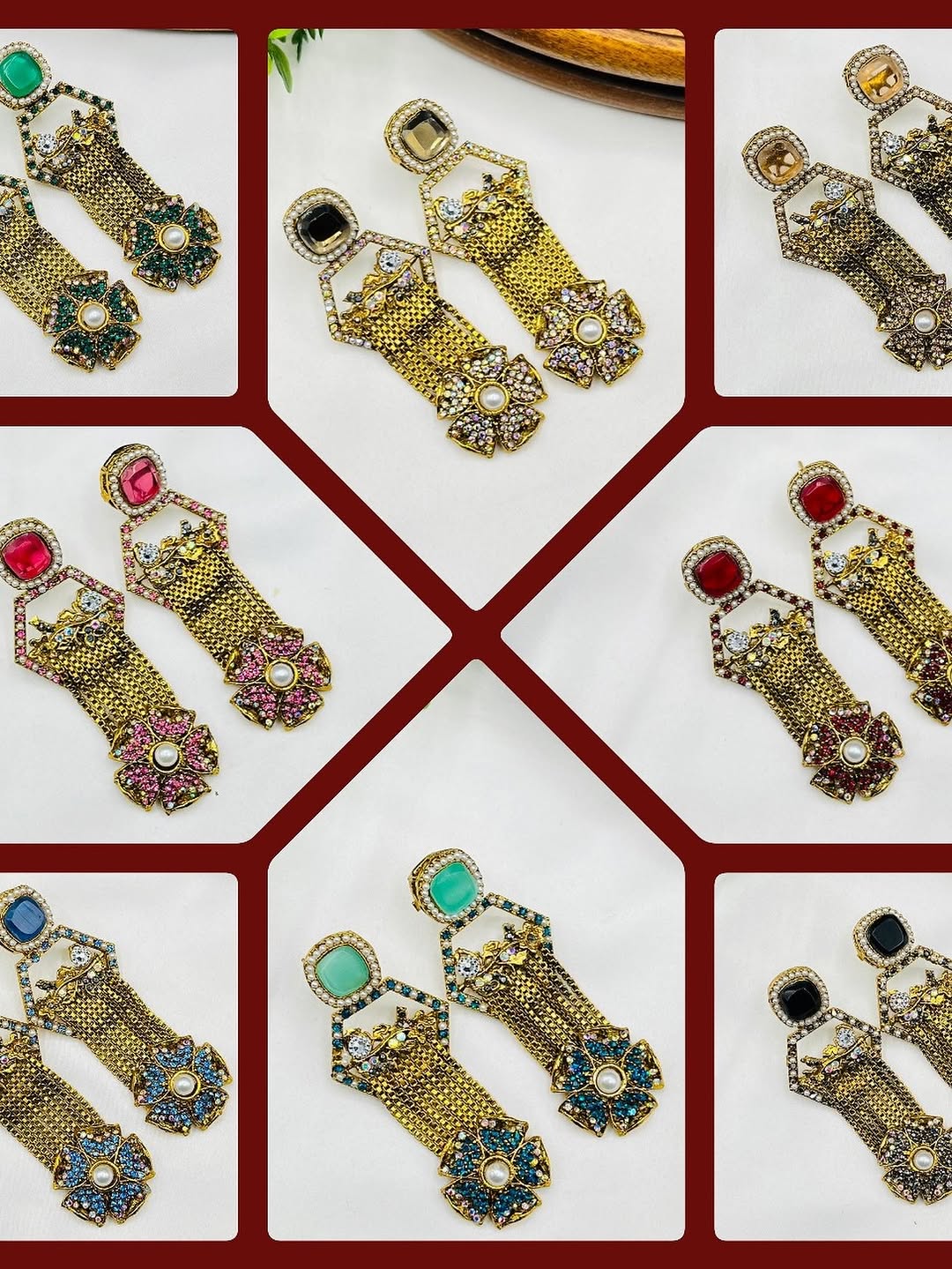Collage of ornate earrings with gemstones on a red and white checkered background