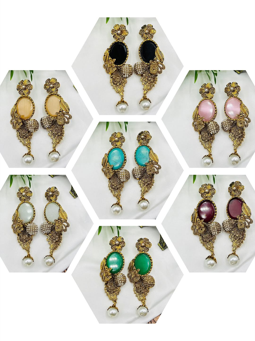 Hexagonal grid of earrings with various gemstone colors on a white background