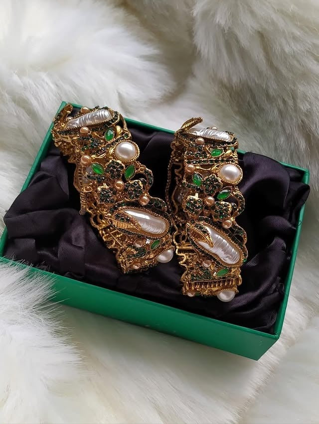 Luxury Handcrafted Gold Bangles with Pearl & Crystal Detailing